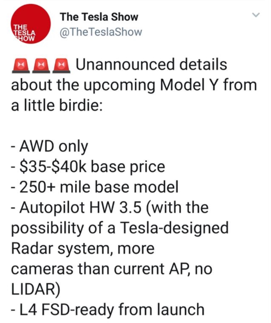 续航超400km 特斯拉Model Y或以3.5万美元起售