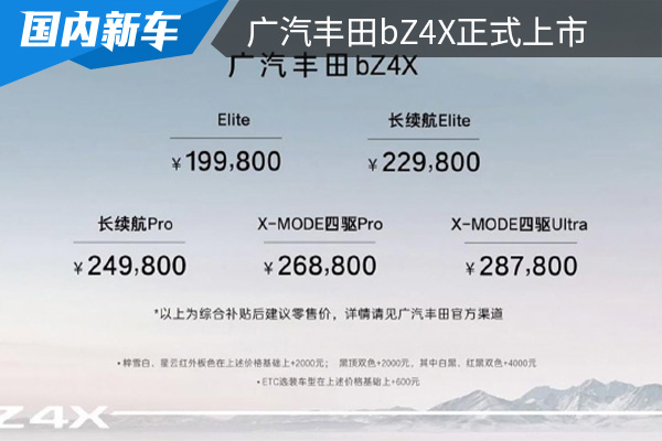 补贴后售价为19.98万元起 广汽丰田bZ4X正式上市 