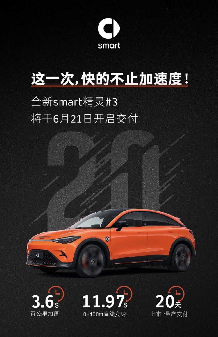 全新smart精灵#3将于6月21日开启首批交付