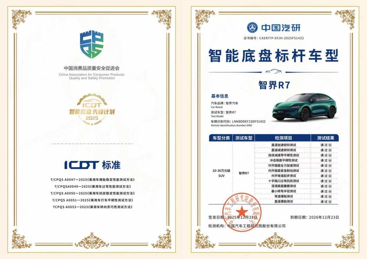 首批汽车智能底盘实测研究报告发布，智界R7获中国汽研权威认证