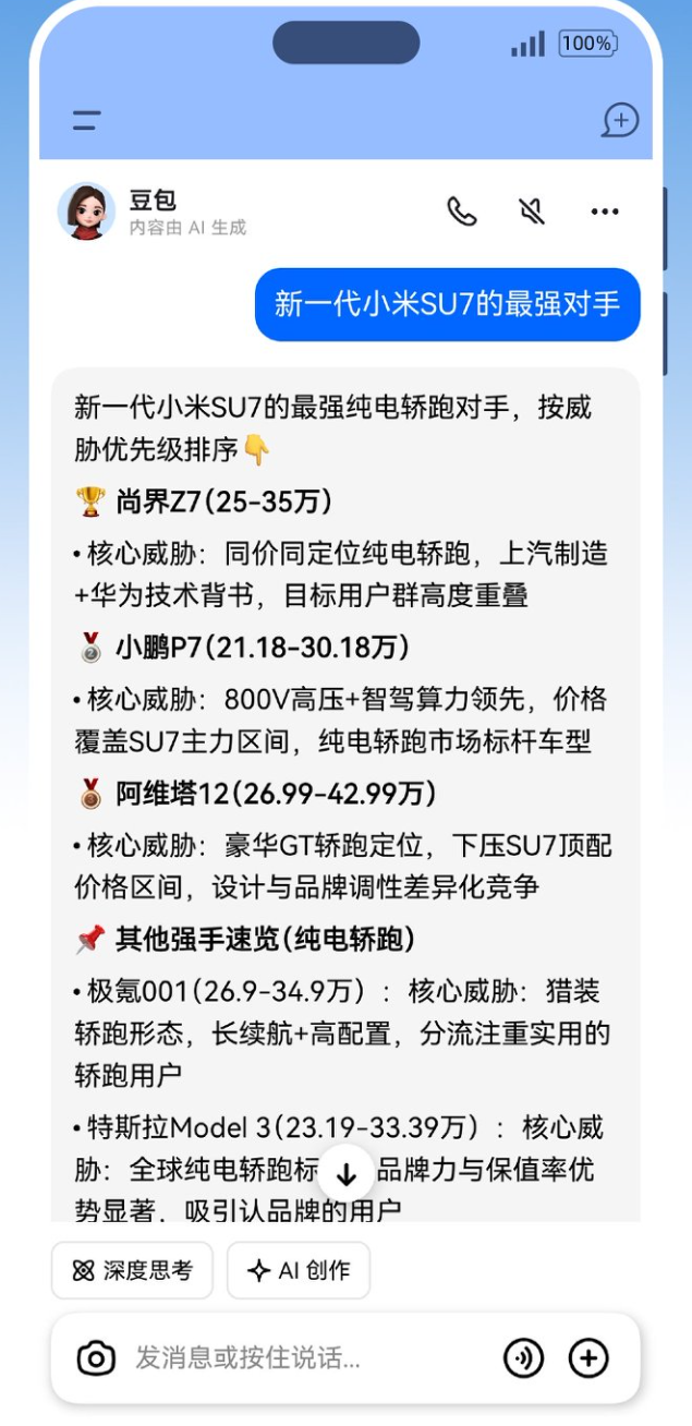 2026年新能源轿跑黑马 豆包预测尚界Z7或成SU7最强对手